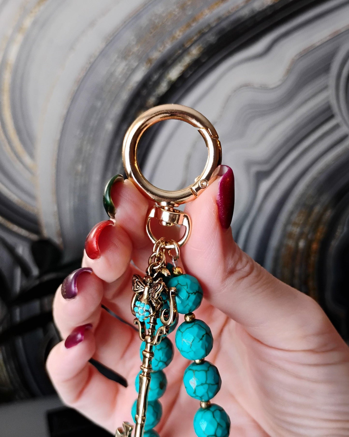Gold Tone Bee and Key Purse Charm with Faceted Faux Turquoise Stone Beads