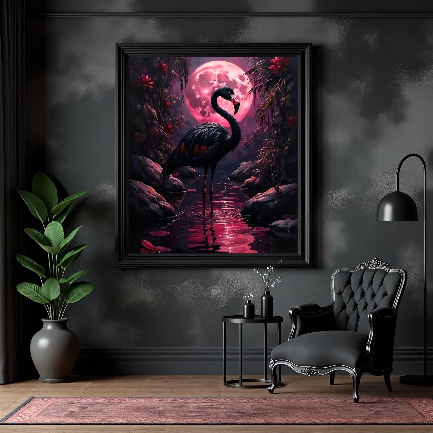 Black Flamingo Art Print: Gothic Tropical Decor