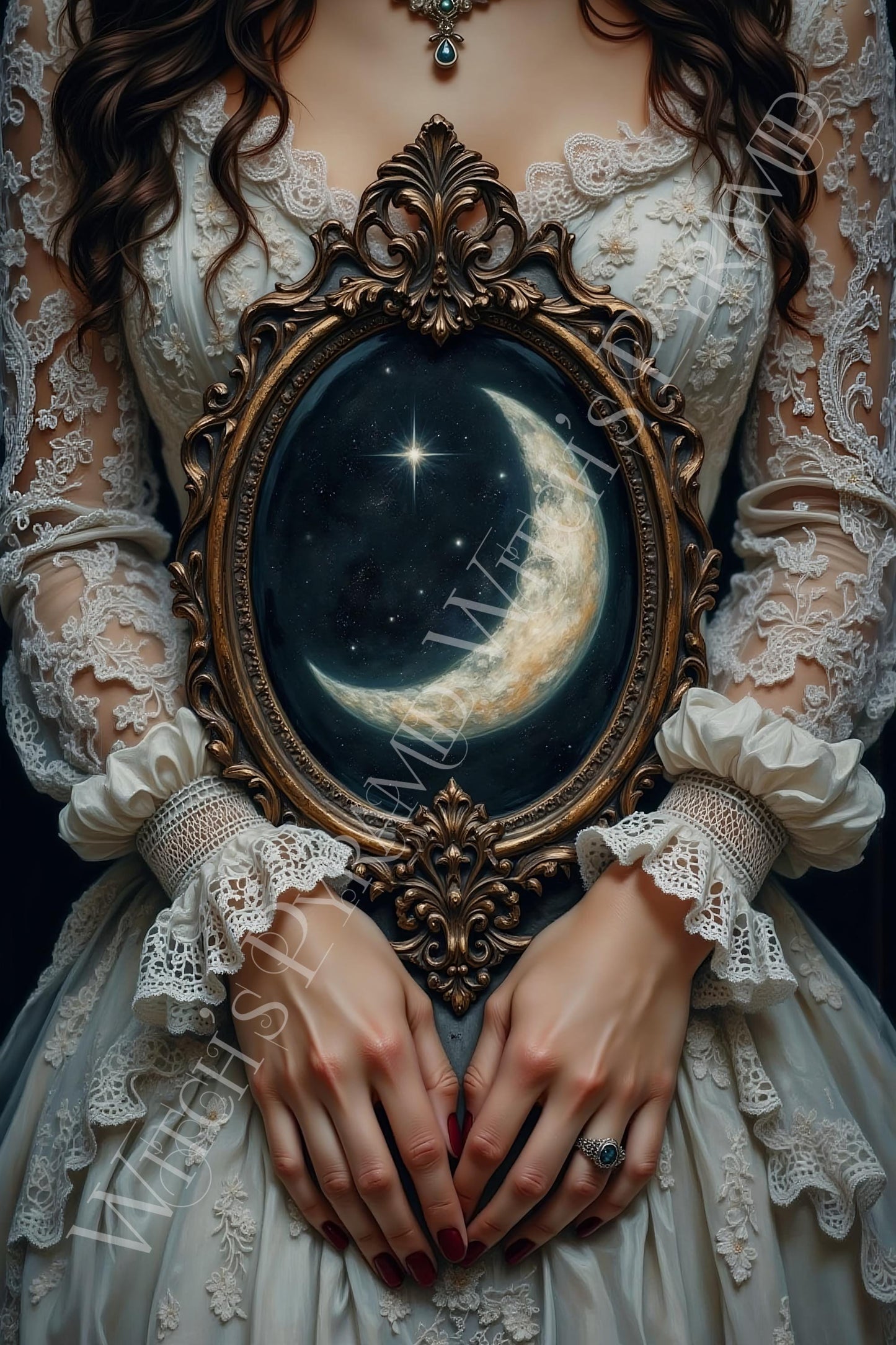 Woman with Moon Mirror Print: Dark Academia Gothic Art