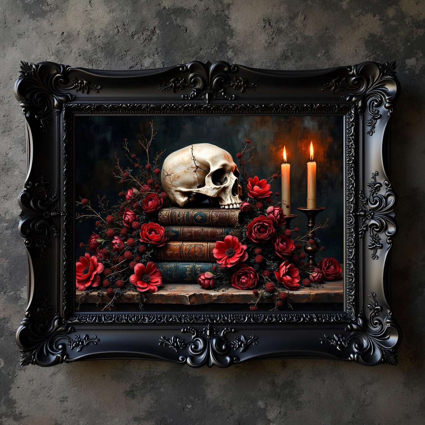 Skull Sitting on Books Art Print: Gothic Dark Academia Home Decor