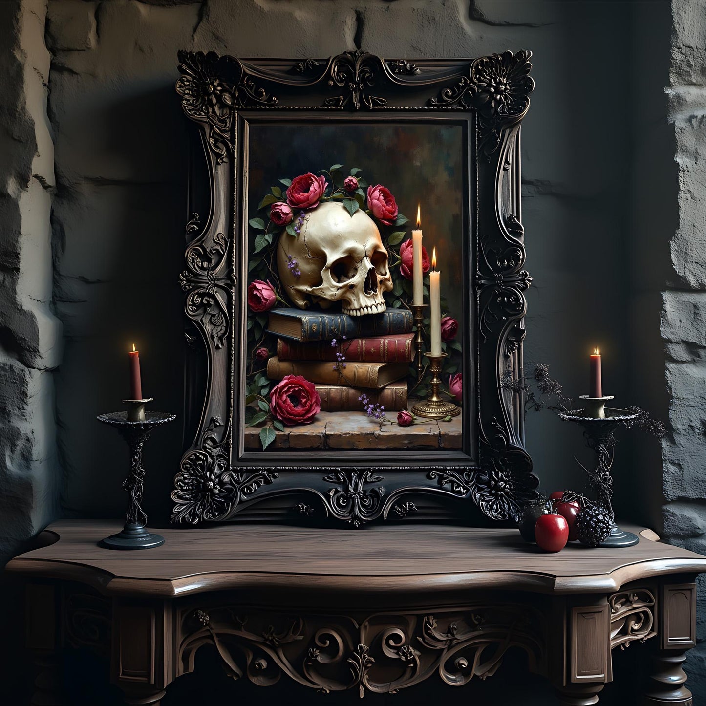 Gothic Skull & Roses Art Print: Dark Academia Home Decor