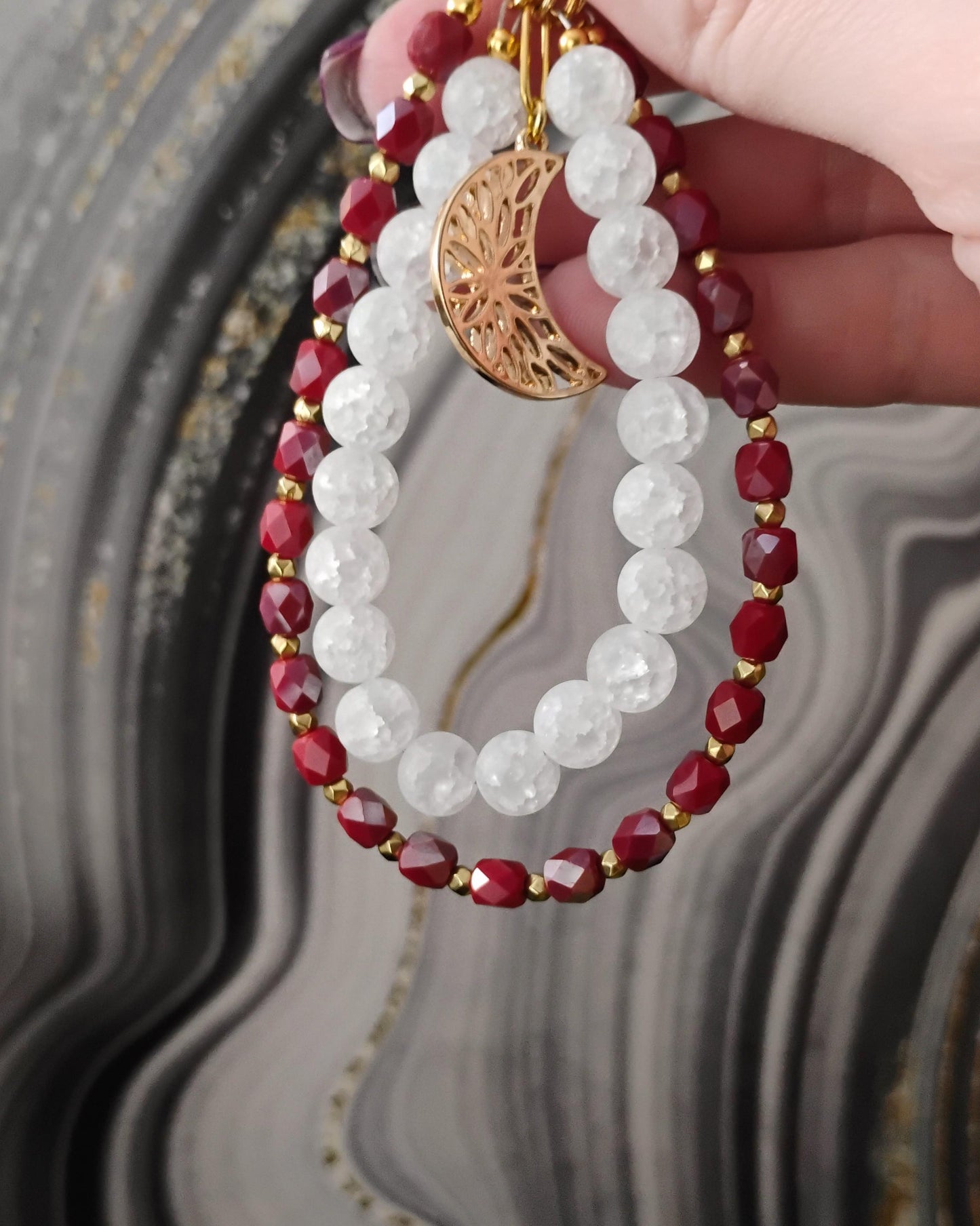 Red & White Cat Bag Charm Purse Jewelry, Crackle Quartz Keychain