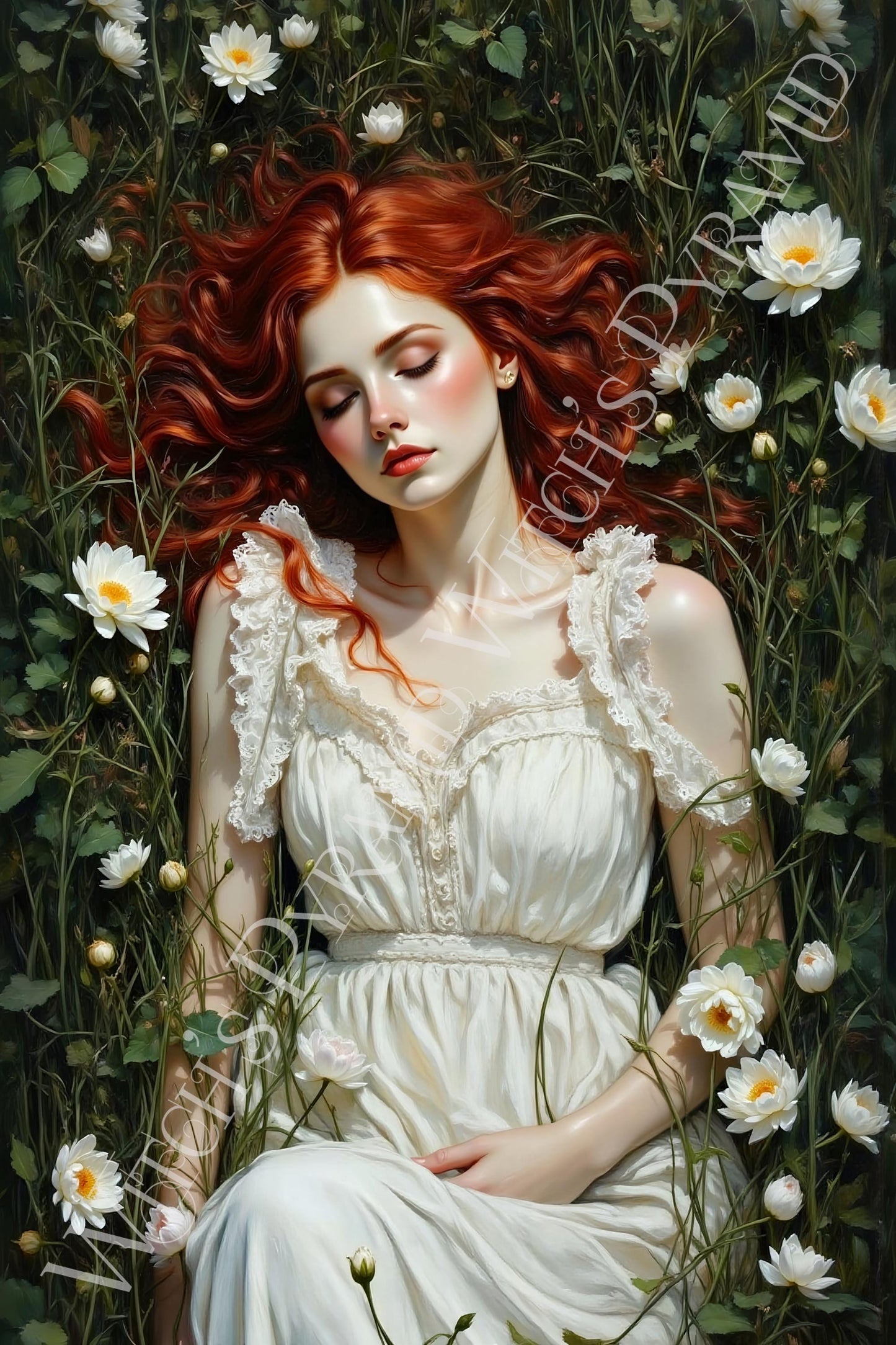 Woman Laying in a Meadow Art Print: Dark Academia Home Decor