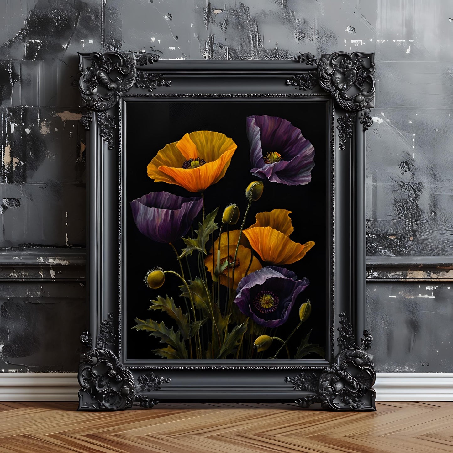 Purple & Yellow Poppy Floral Art Print: Dark Botanical Wall Hanging