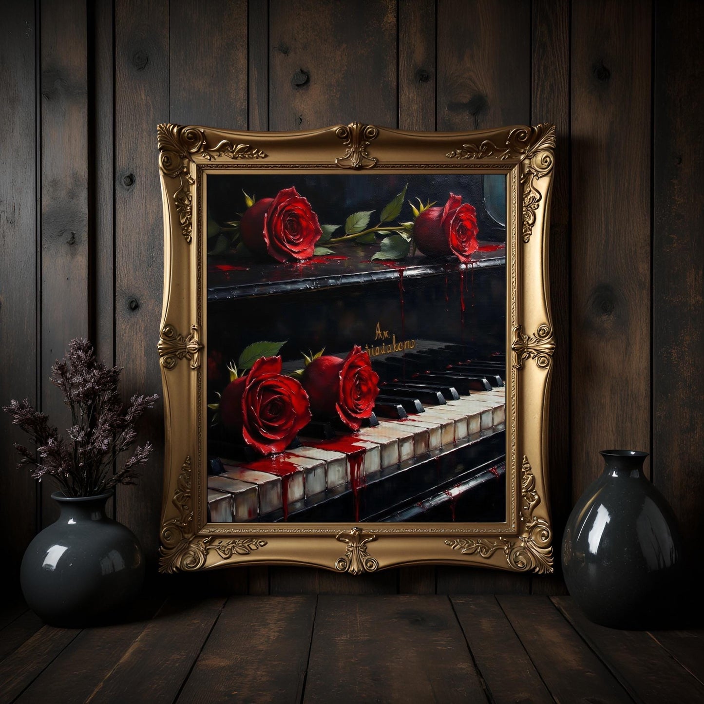Red Roses on Piano Keys Art Print: Dark Academia Home Decor