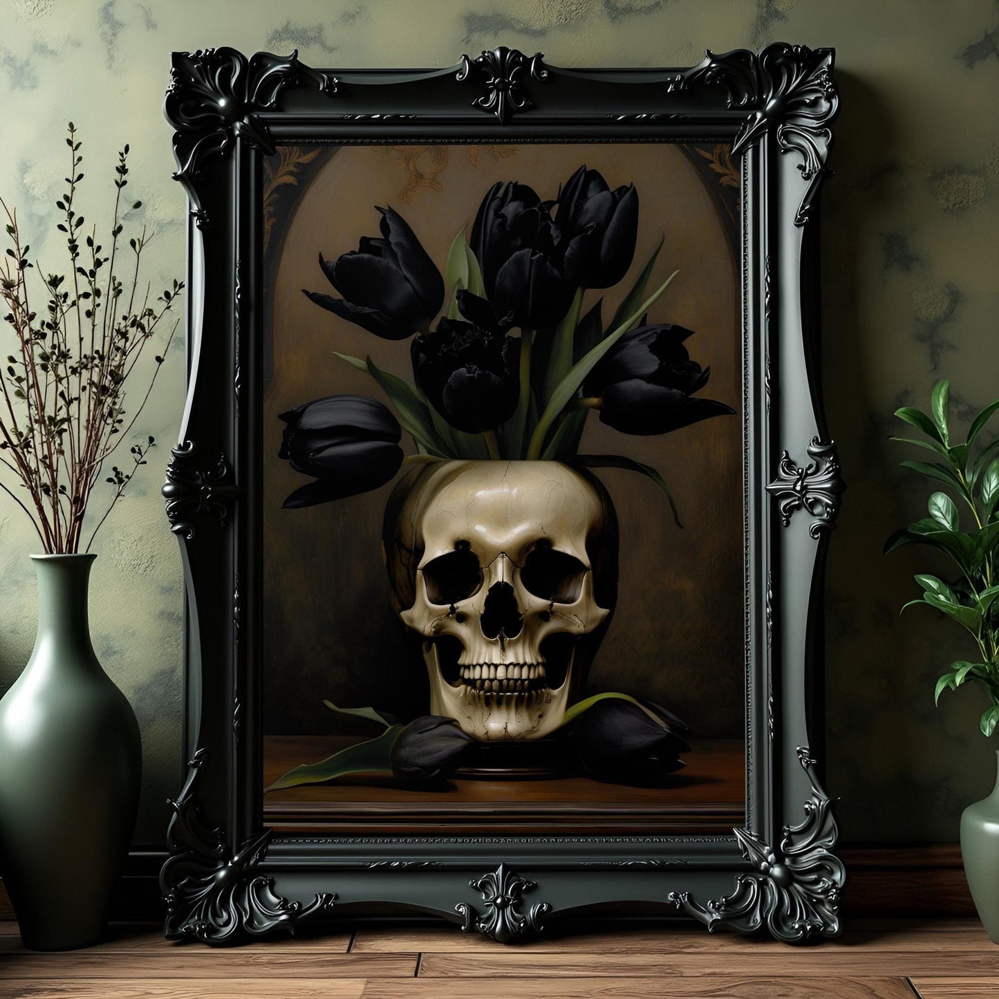 Skull Vase With Black Tulips Art Print: Dark Academia Wall Decor