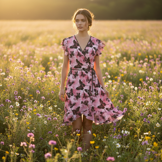 Model in dress in flower meadow