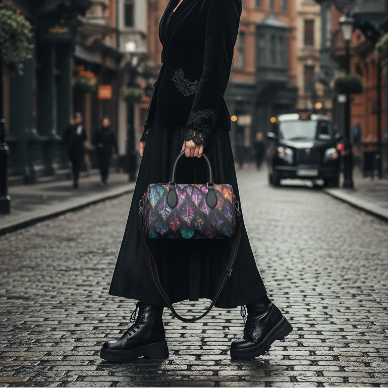 Person holding a colorful handbag on a city street