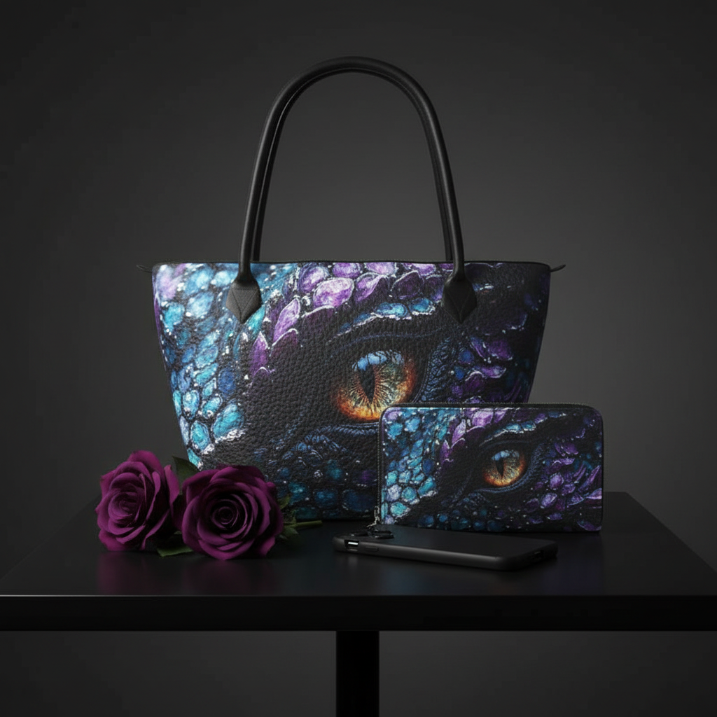 Purple Dragon Eye Tote and Wallet on Black Table