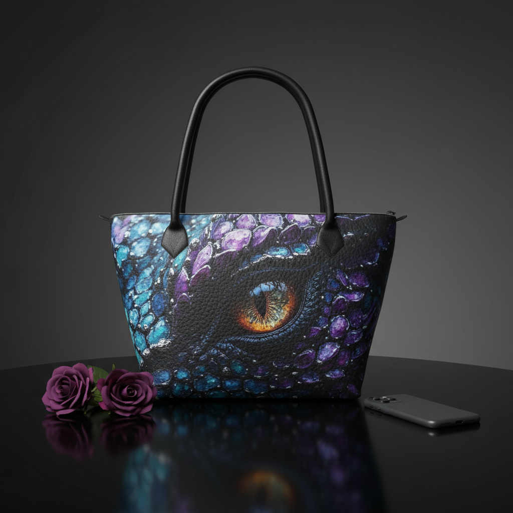 Purple Dragon Eye Tote Bag on Black Table - Large Scale