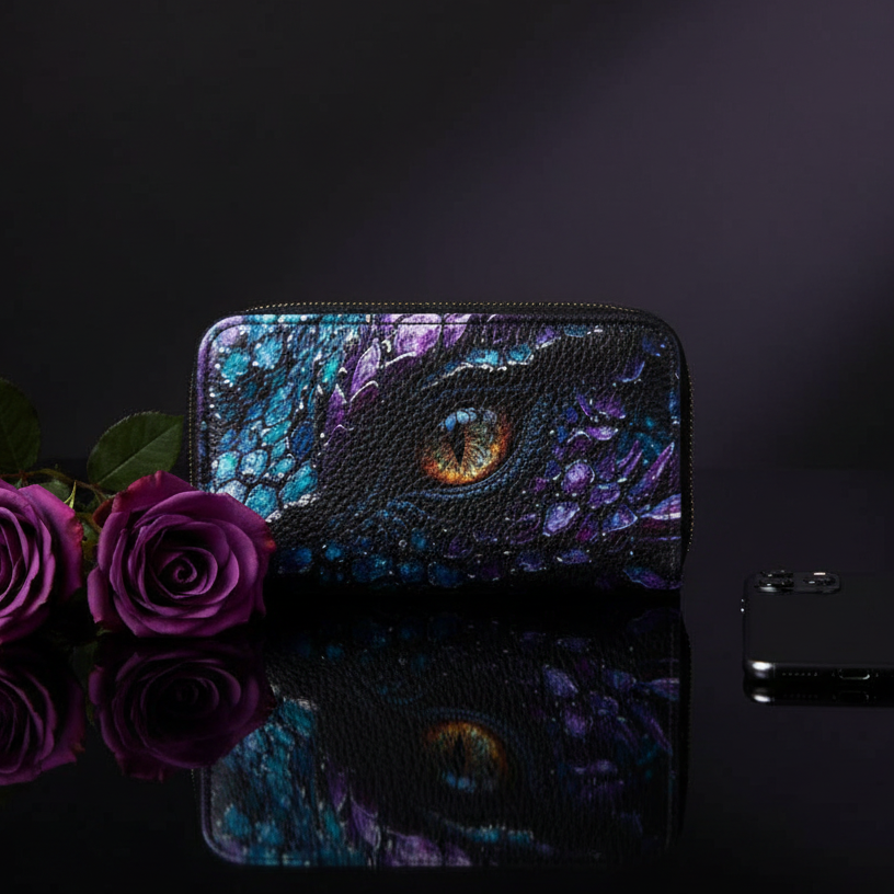 Purple Dragon Eye Wallet on Black Table