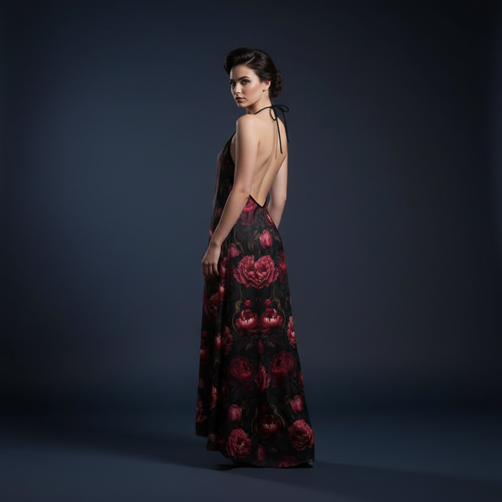 Red & Black Floral Halterneck Dress - Image 2