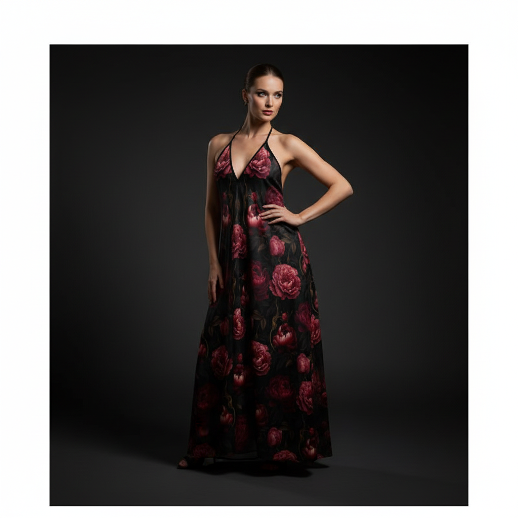 Red & Black Floral Halterneck Dress - Image 3